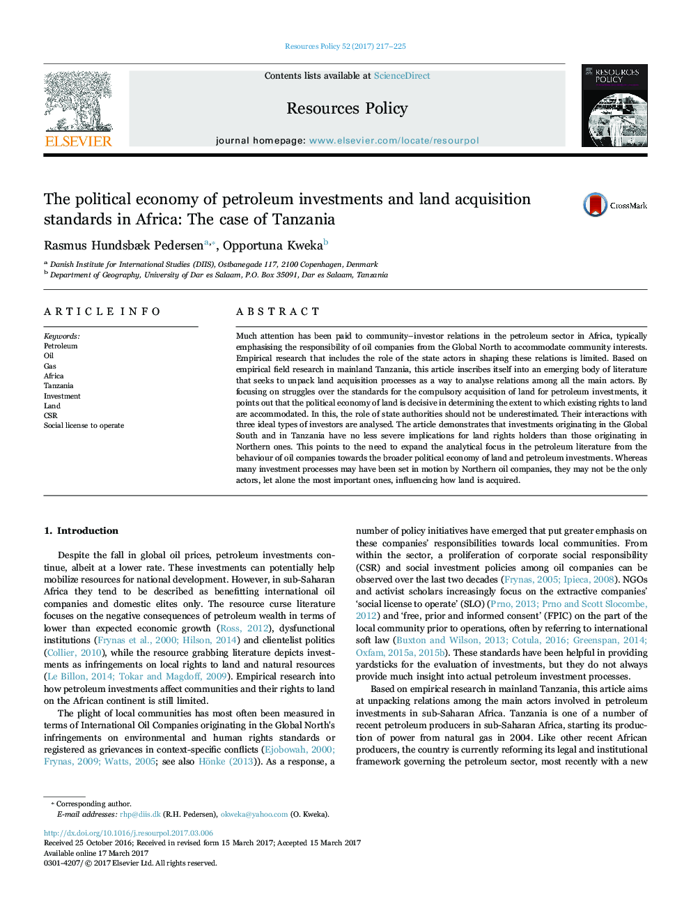 The political economy of petroleum investments and land acquisition standards in Africa: The case of Tanzania