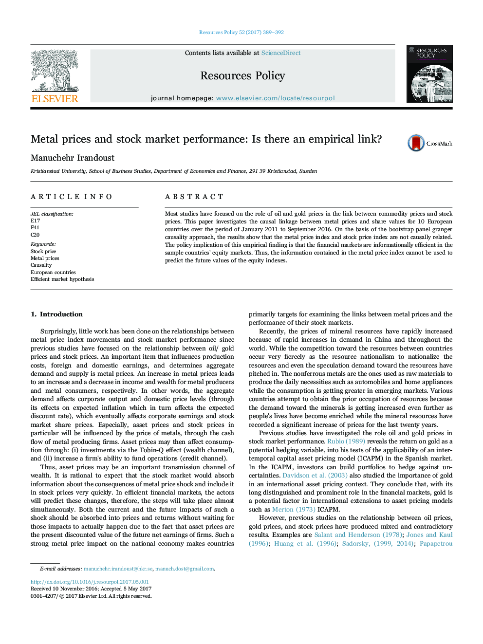 Metal prices and stock market performance: Is there an empirical link?