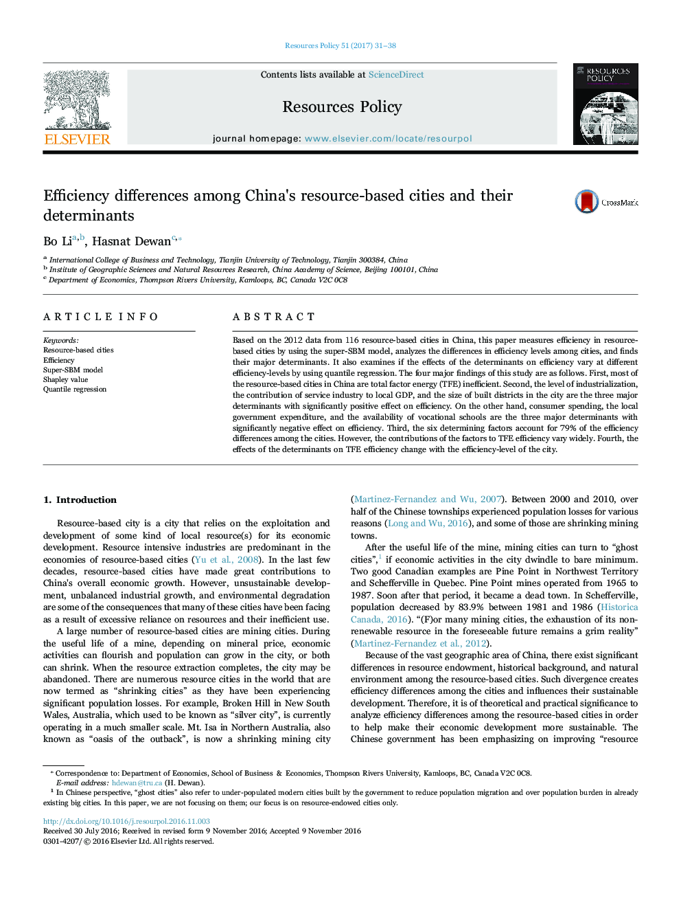 Efficiency differences among China's resource-based cities and their determinants