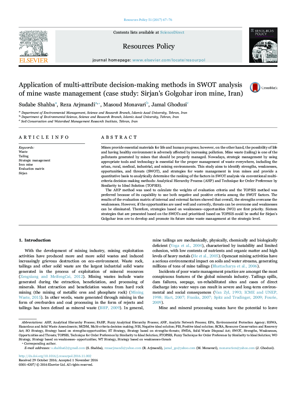 Application of multi-attribute decision-making methods in SWOT analysis of mine waste management (case study: Sirjan's Golgohar iron mine, Iran)