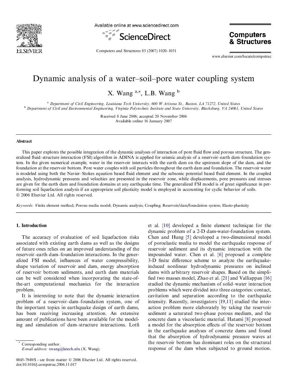 Dynamic analysis of a water–soil–pore water coupling system