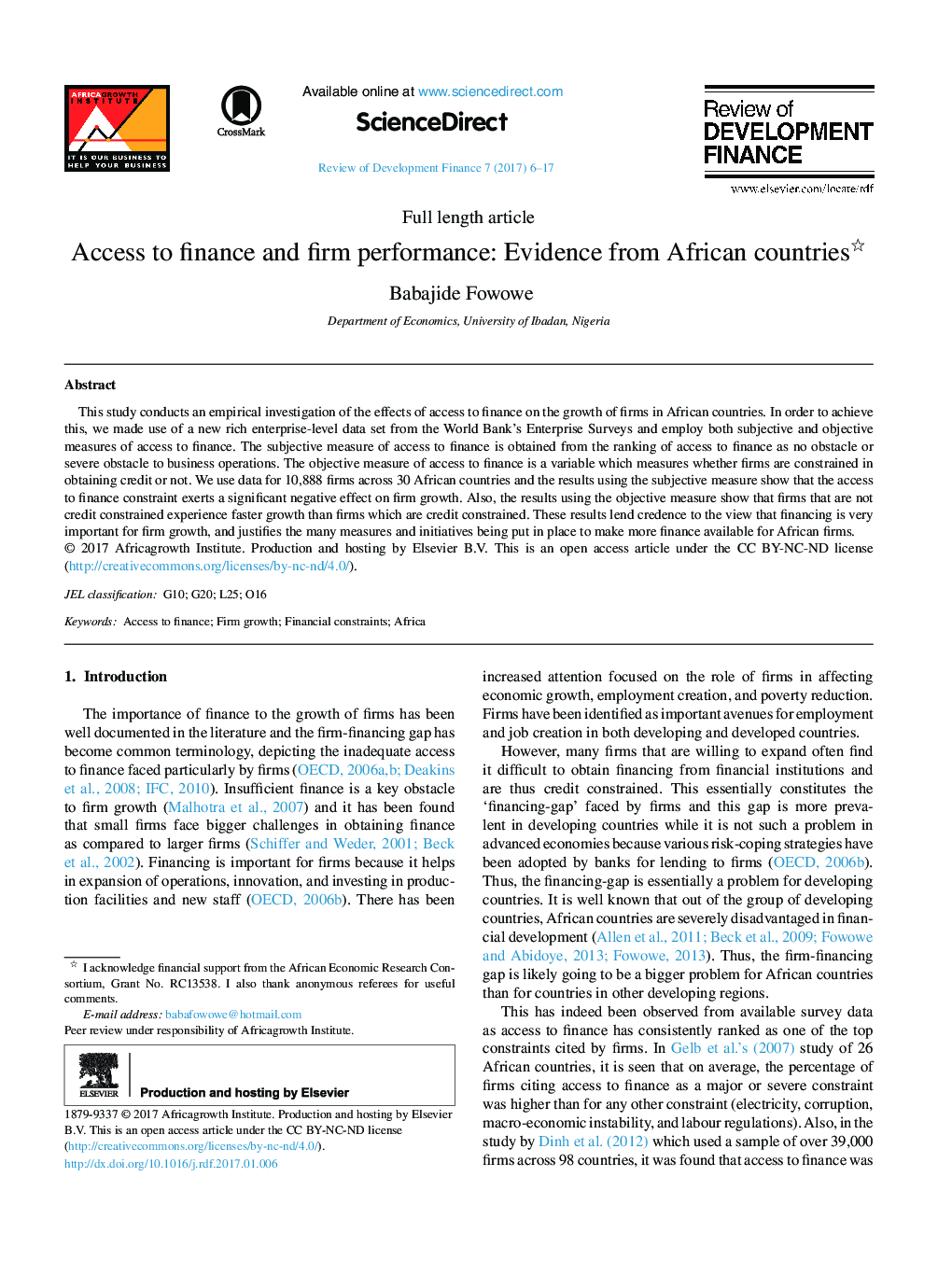 Access to finance and firm performance: Evidence from African countries