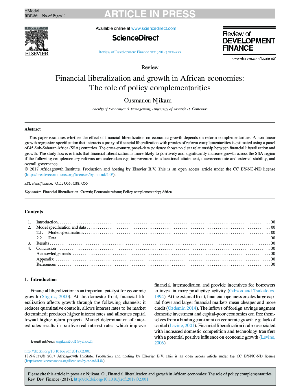 آزاد سازی مالی و رشد در اقتصادهای آفریقا: نقش مکمل سیاست 