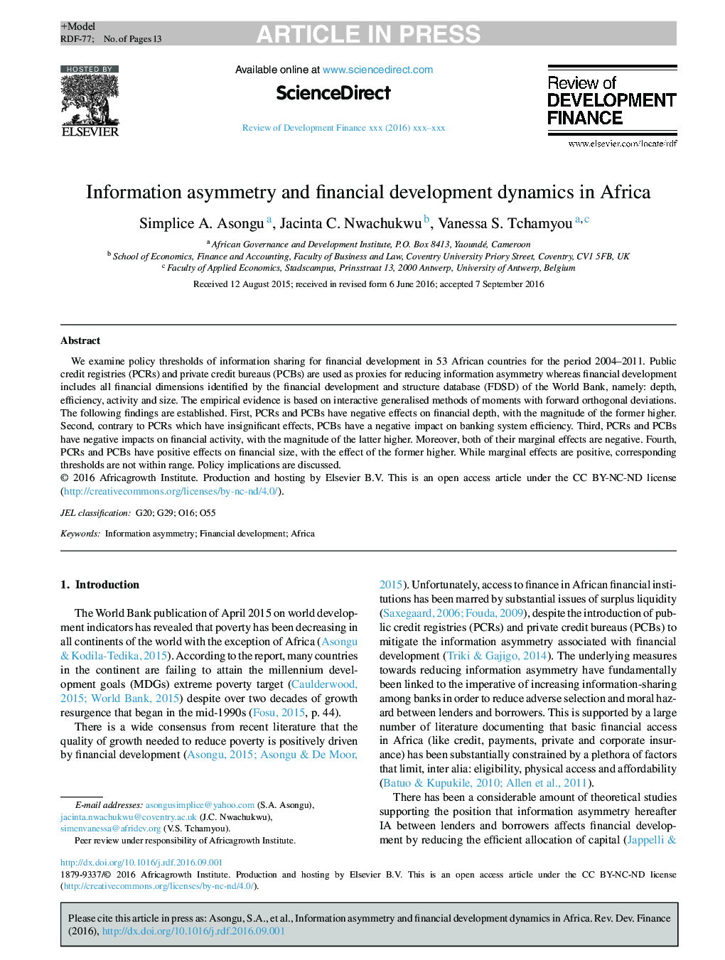 Information asymmetry and financial development dynamics in Africa