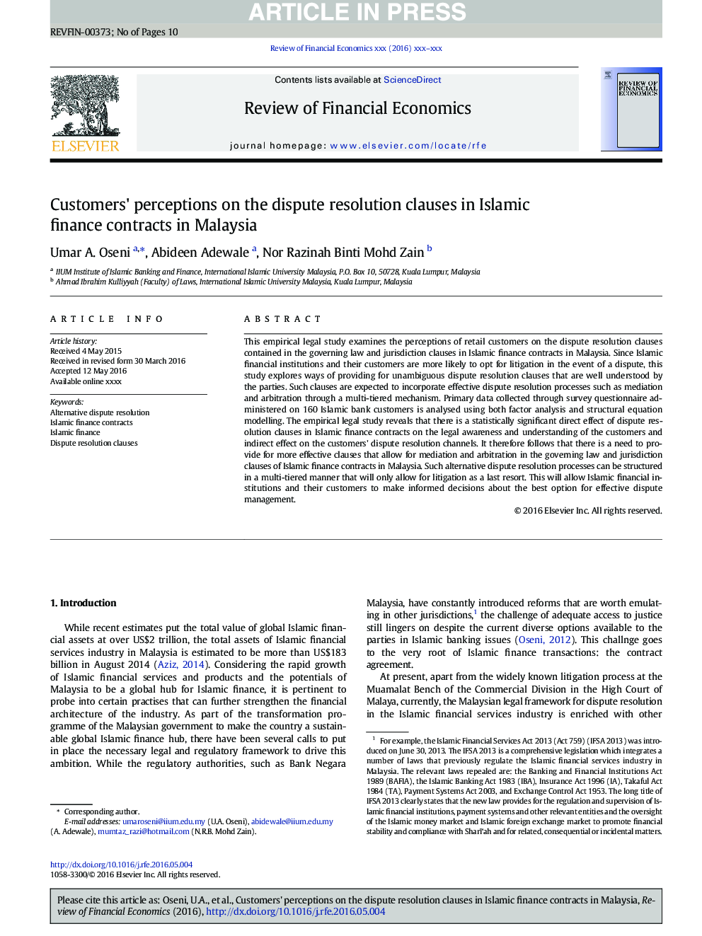 Customers' perceptions on the dispute resolution clauses in Islamic finance contracts in Malaysia