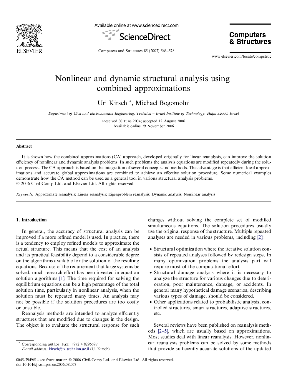 Nonlinear and dynamic structural analysis using combined approximations