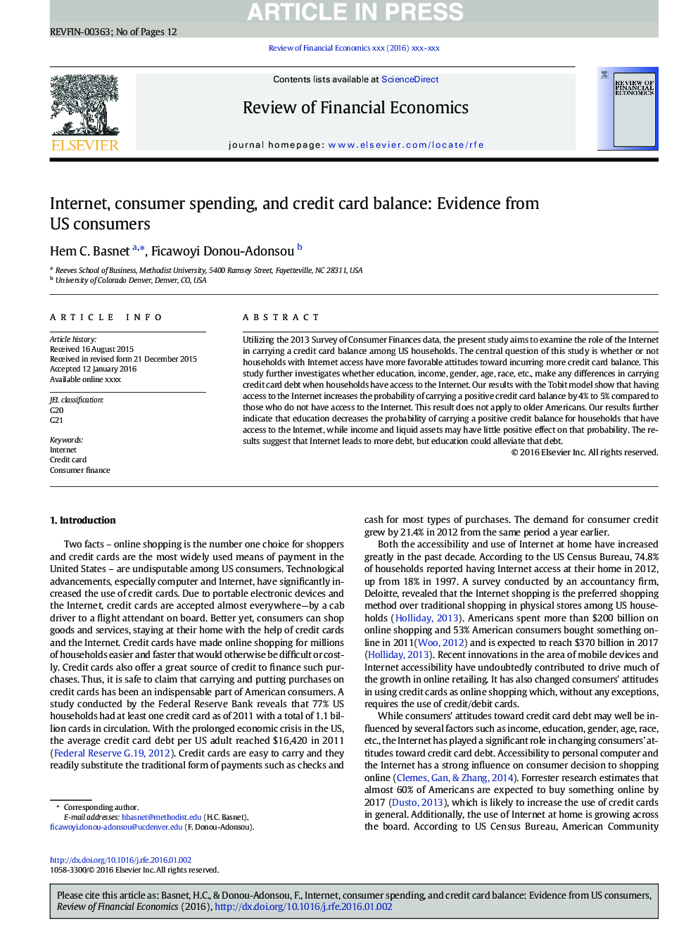 Internet, consumer spending, and credit card balance: Evidence from US consumers