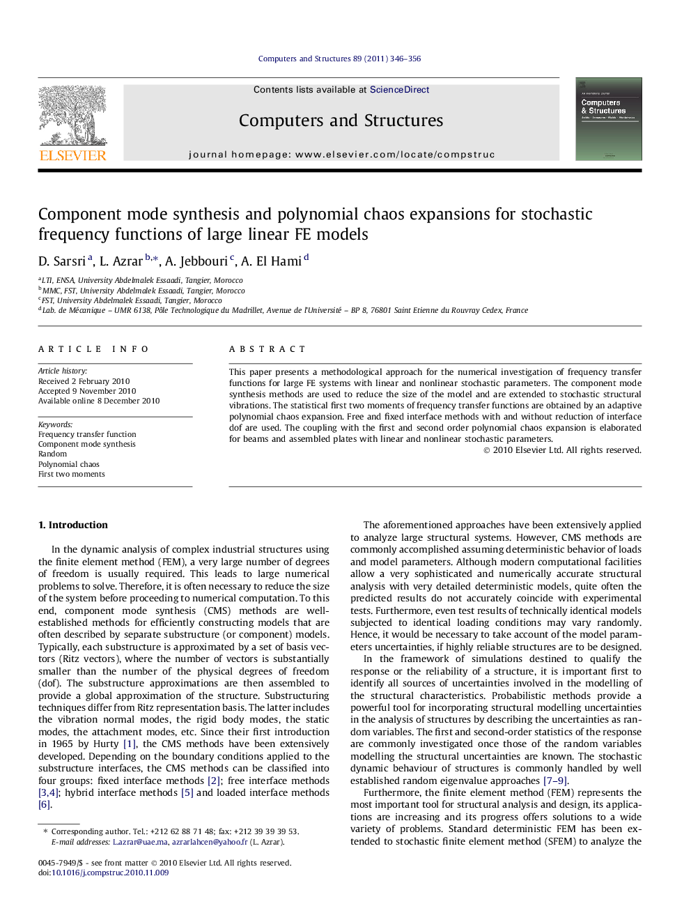 Component mode synthesis and polynomial chaos expansions for stochastic frequency functions of large linear FE models