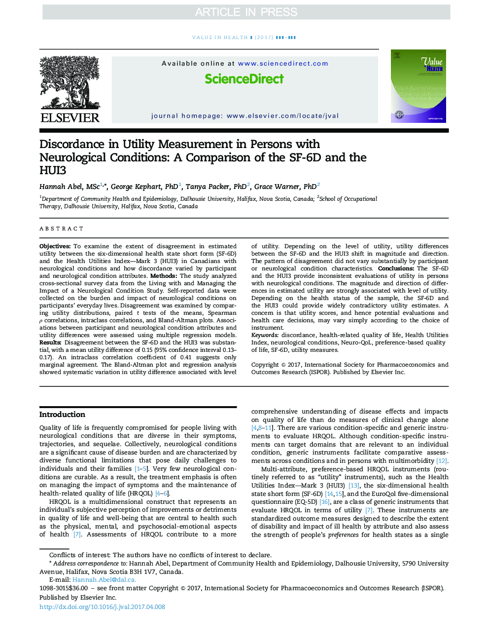 Discordance in Utility Measurement in Persons with Neurological Conditions: A Comparison of the SF-6D and the HUI3