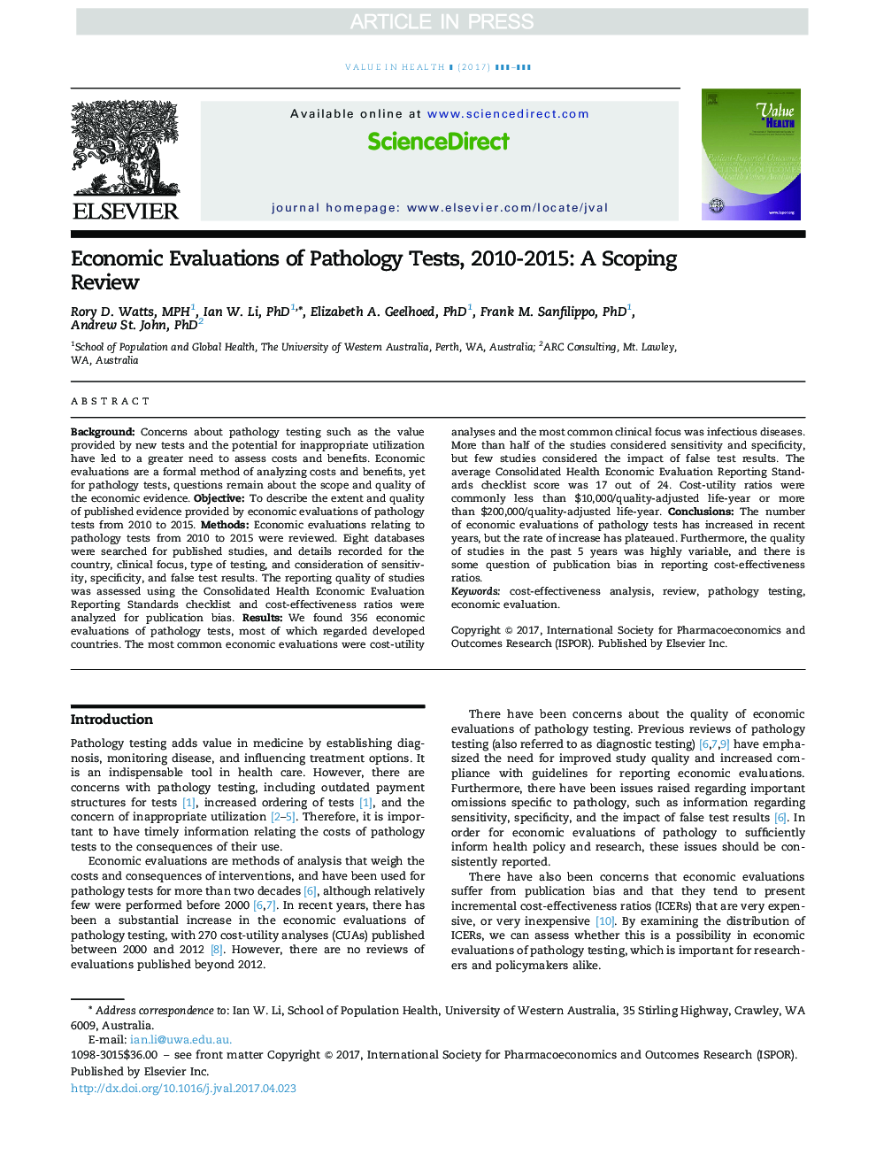 Economic Evaluations of Pathology Tests, 2010-2015: A Scoping Review