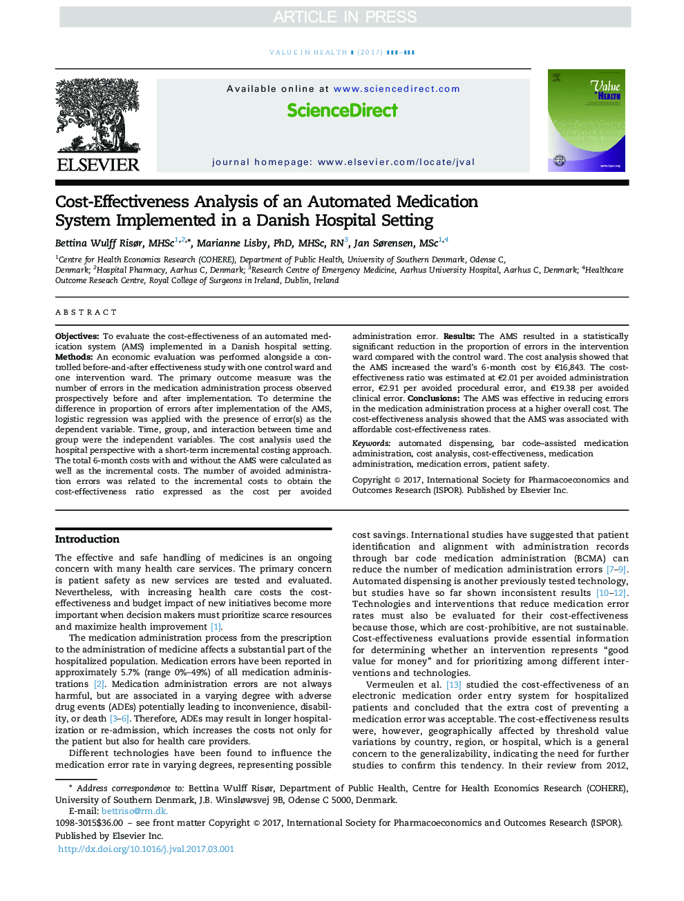 Cost-Effectiveness Analysis of an Automated Medication System Implemented in a Danish Hospital Setting