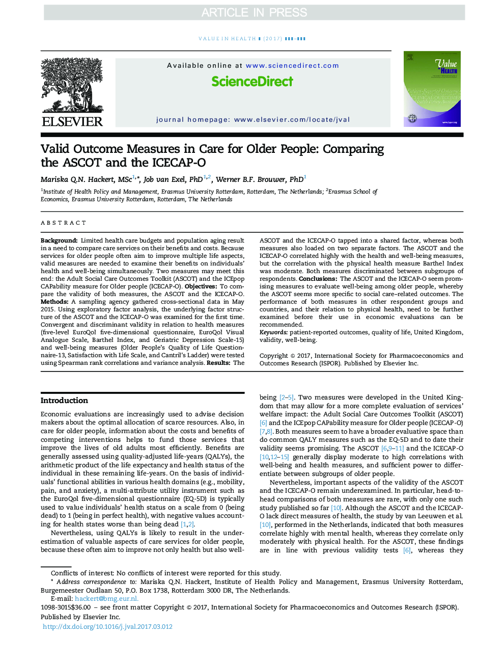 Valid Outcome Measures in Care for Older People: Comparing the ASCOT and the ICECAP-O