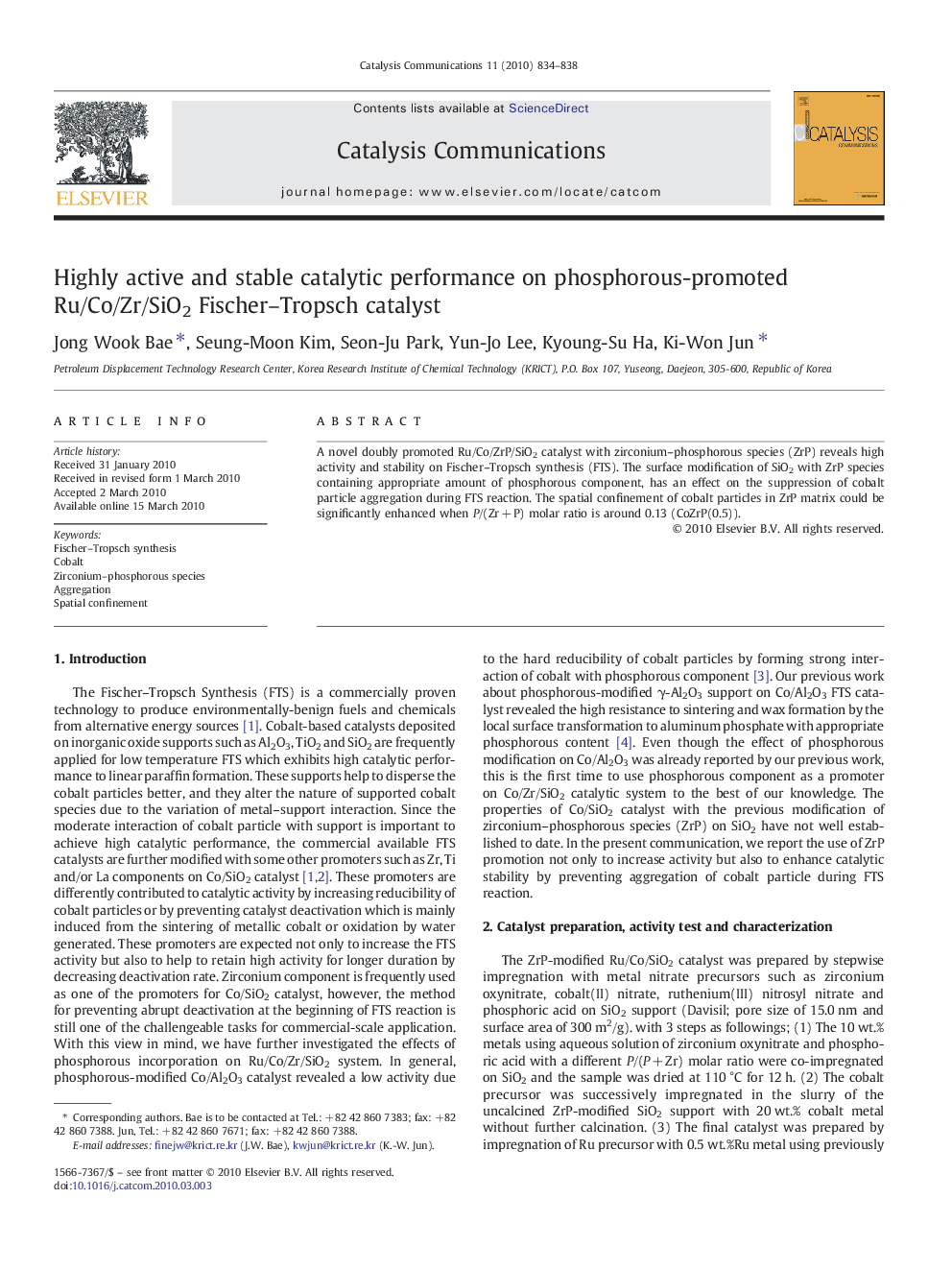 Highly active and stable catalytic performance on phosphorous-promoted Ru/Co/Zr/SiO2 Fischer–Tropsch catalyst