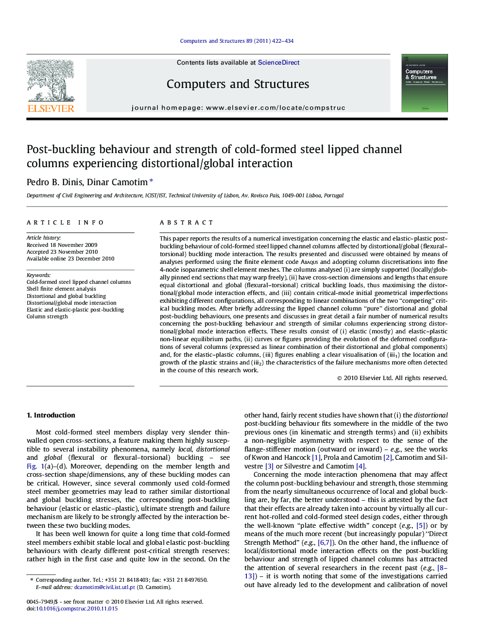 Post-buckling behaviour and strength of cold-formed steel lipped channel columns experiencing distortional/global interaction