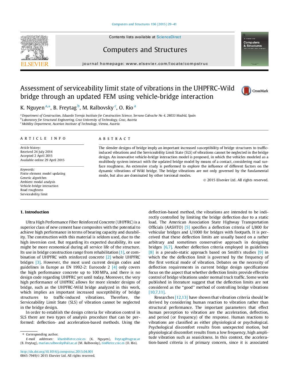 Assessment of serviceability limit state of vibrations in the UHPFRC-Wild bridge through an updated FEM using vehicle-bridge interaction