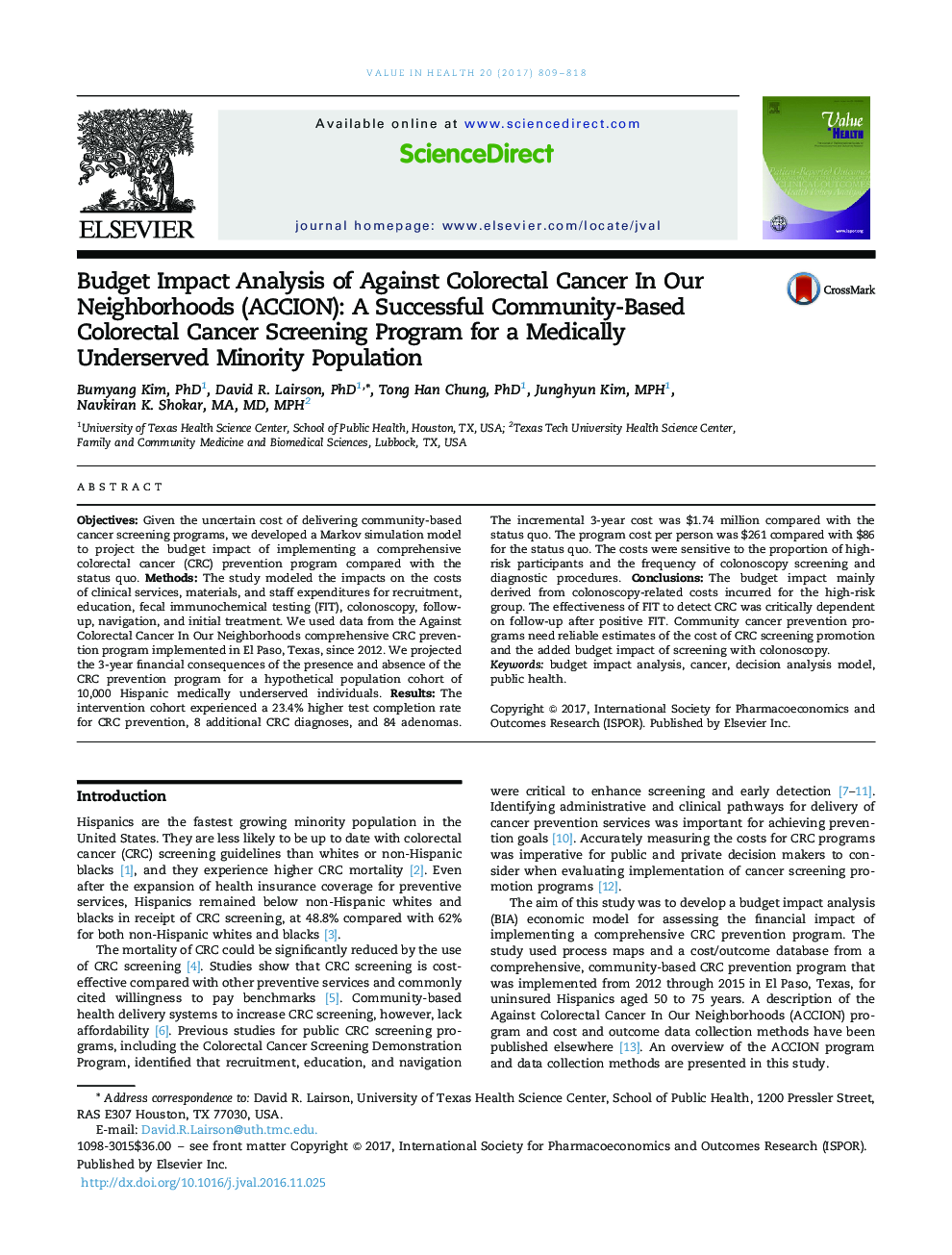 Budget Impact Analysis of Against Colorectal Cancer In Our Neighborhoods (ACCION): A Successful Community-Based Colorectal Cancer Screening Program for a Medically Underserved Minority Population