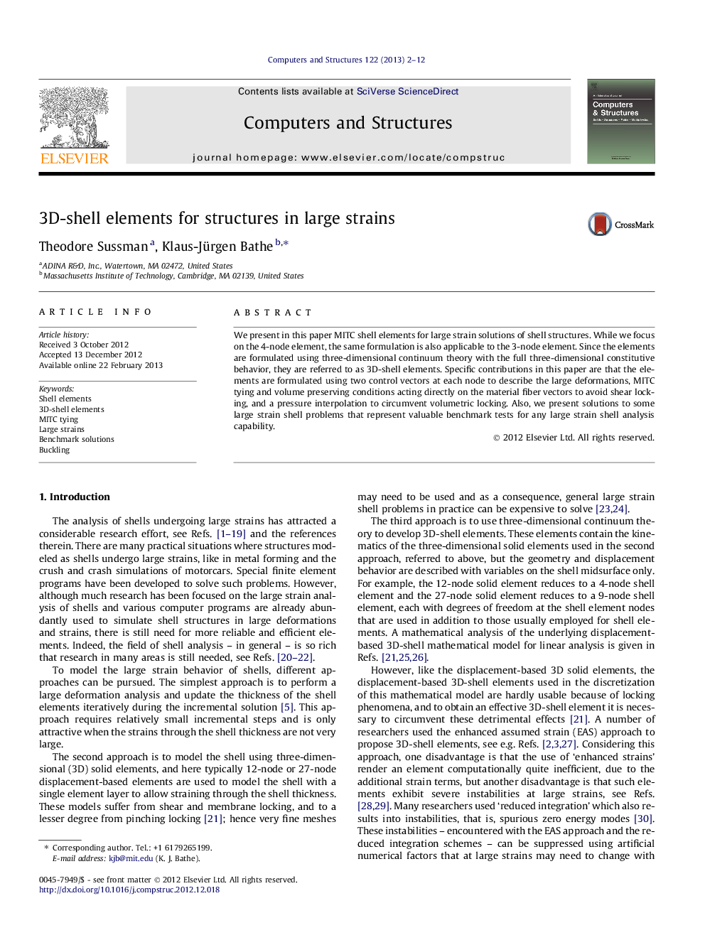 3D-shell elements for structures in large strains