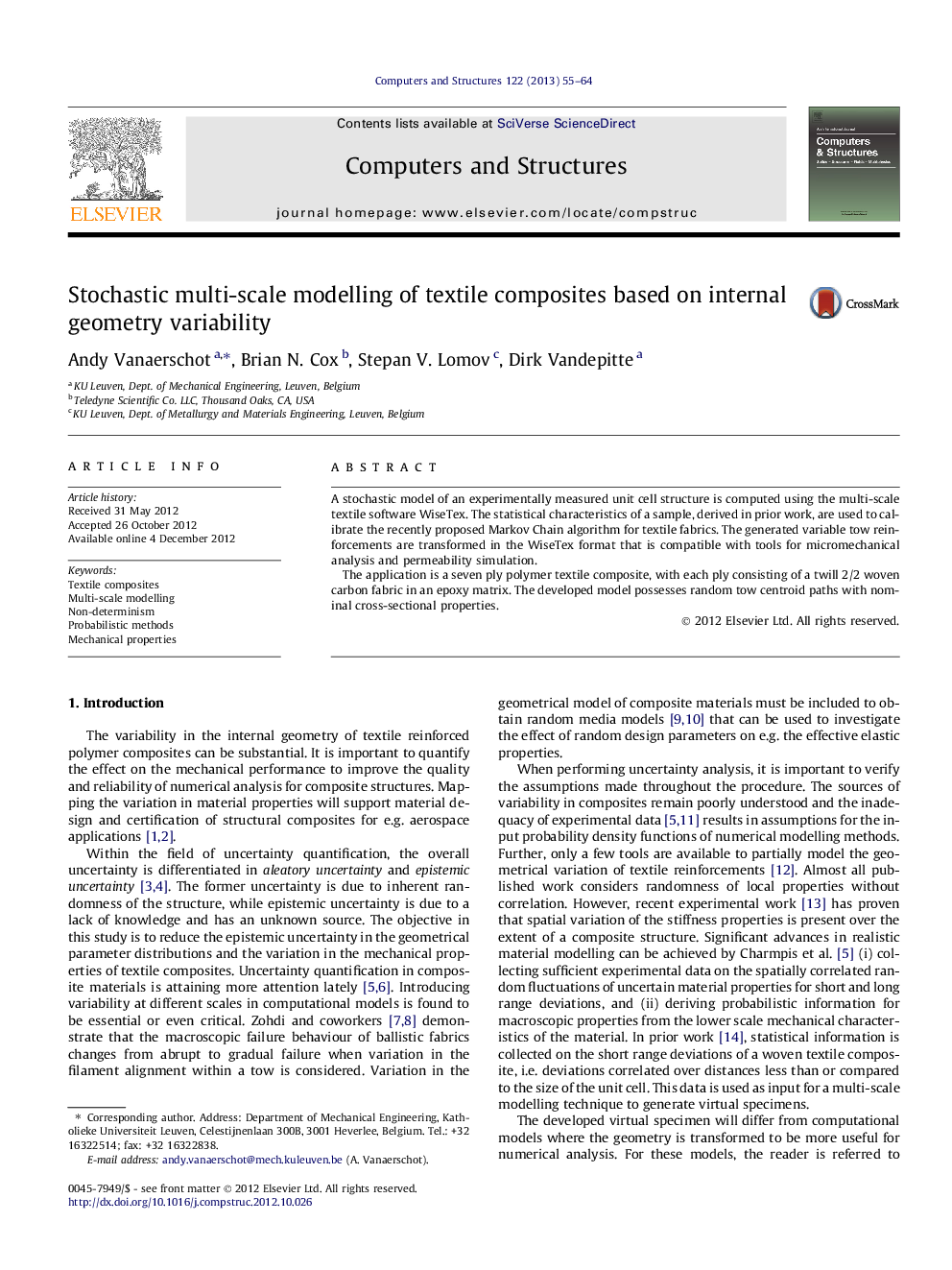 Stochastic multi-scale modelling of textile composites based on internal geometry variability