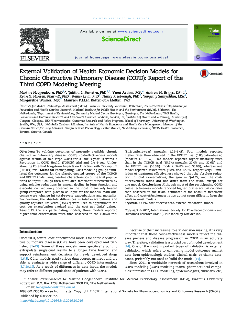 External Validation of Health Economic Decision Models for Chronic Obstructive Pulmonary Disease (COPD): Report of the Third COPD Modeling Meeting