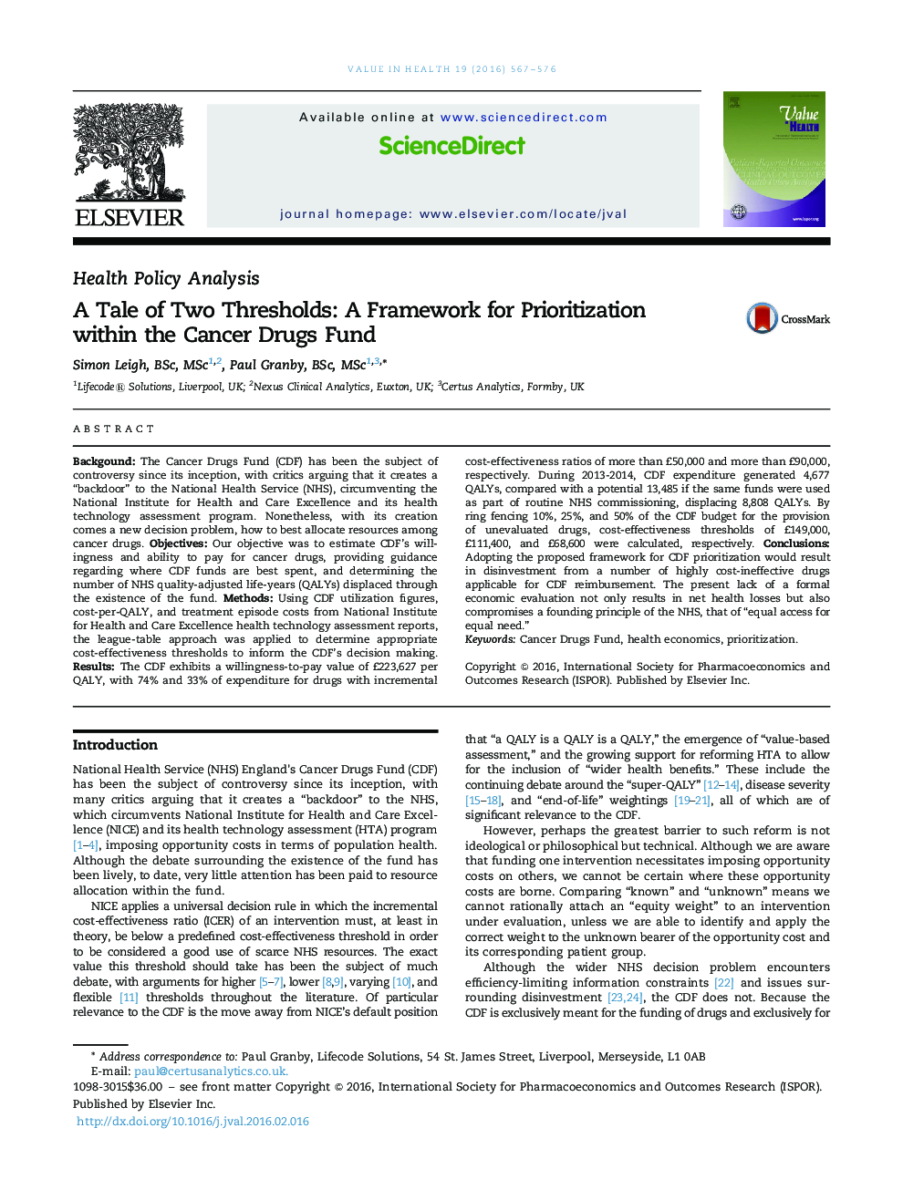 Health Policy AnalysisA Tale of Two Thresholds: A Framework for Prioritization within the Cancer Drugs Fund