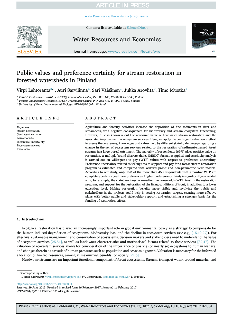 Public values and preference certainty for stream restoration in forested watersheds in Finland