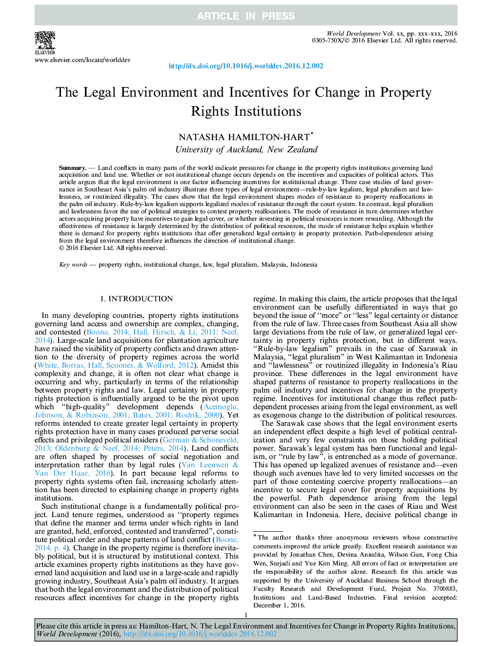 The Legal Environment and Incentives for Change in Property Rights Institutions