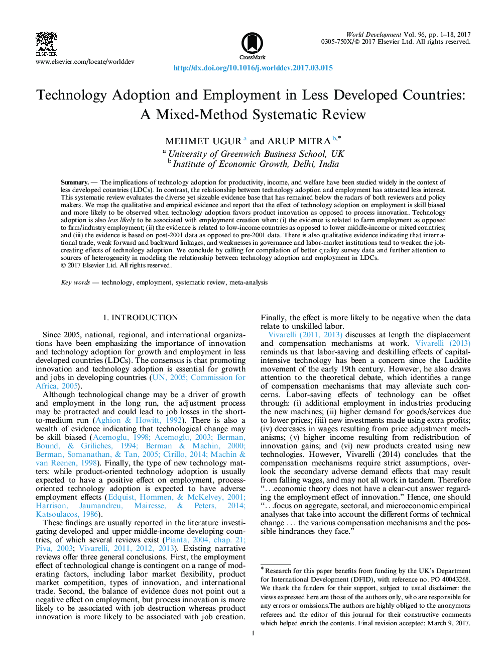 Technology Adoption and Employment in Less Developed Countries: A Mixed-Method Systematic Review