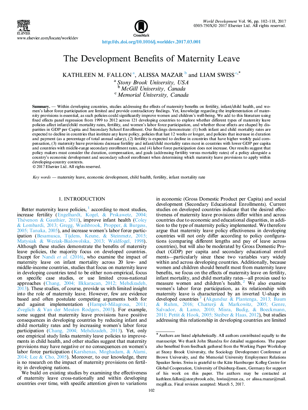 The Development Benefits of Maternity Leave