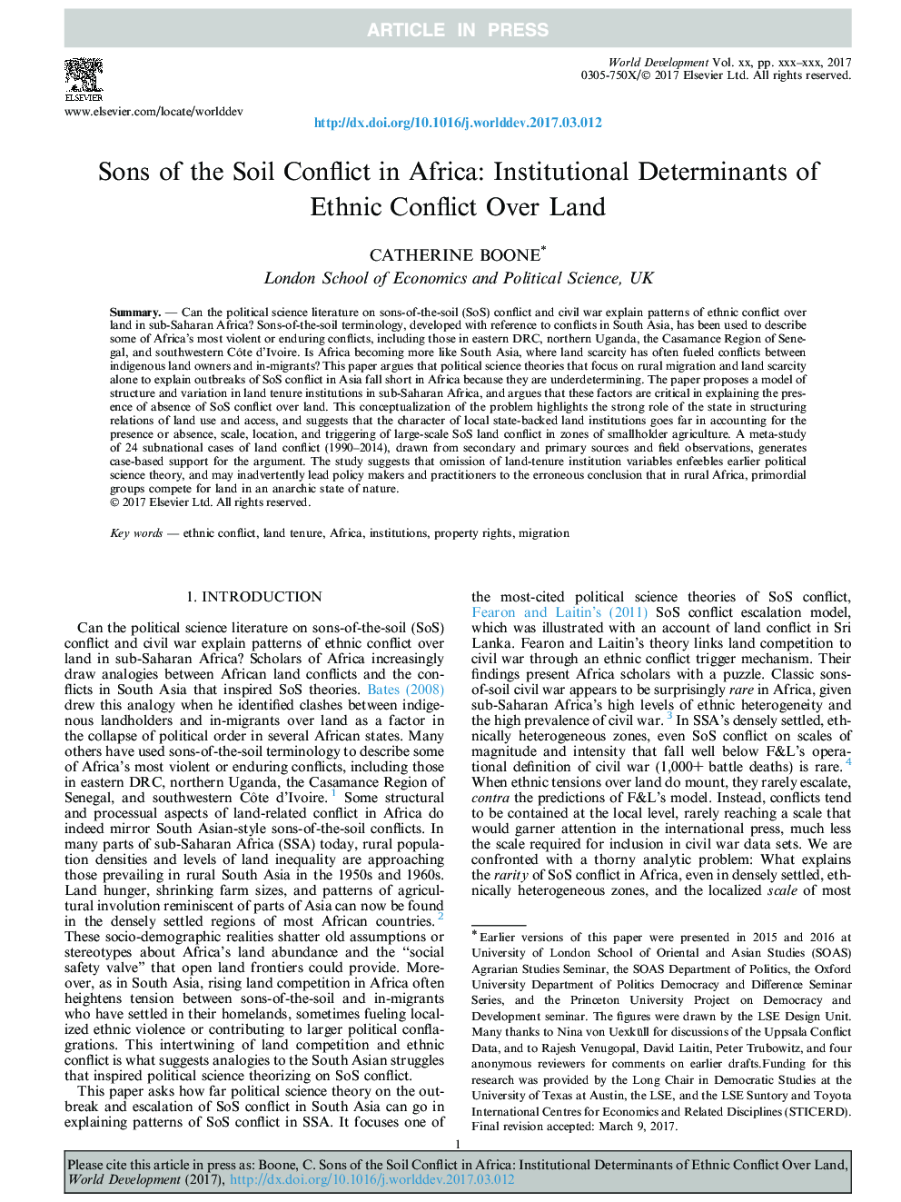 Sons of the Soil Conflict in Africa: Institutional Determinants of Ethnic Conflict Over Land