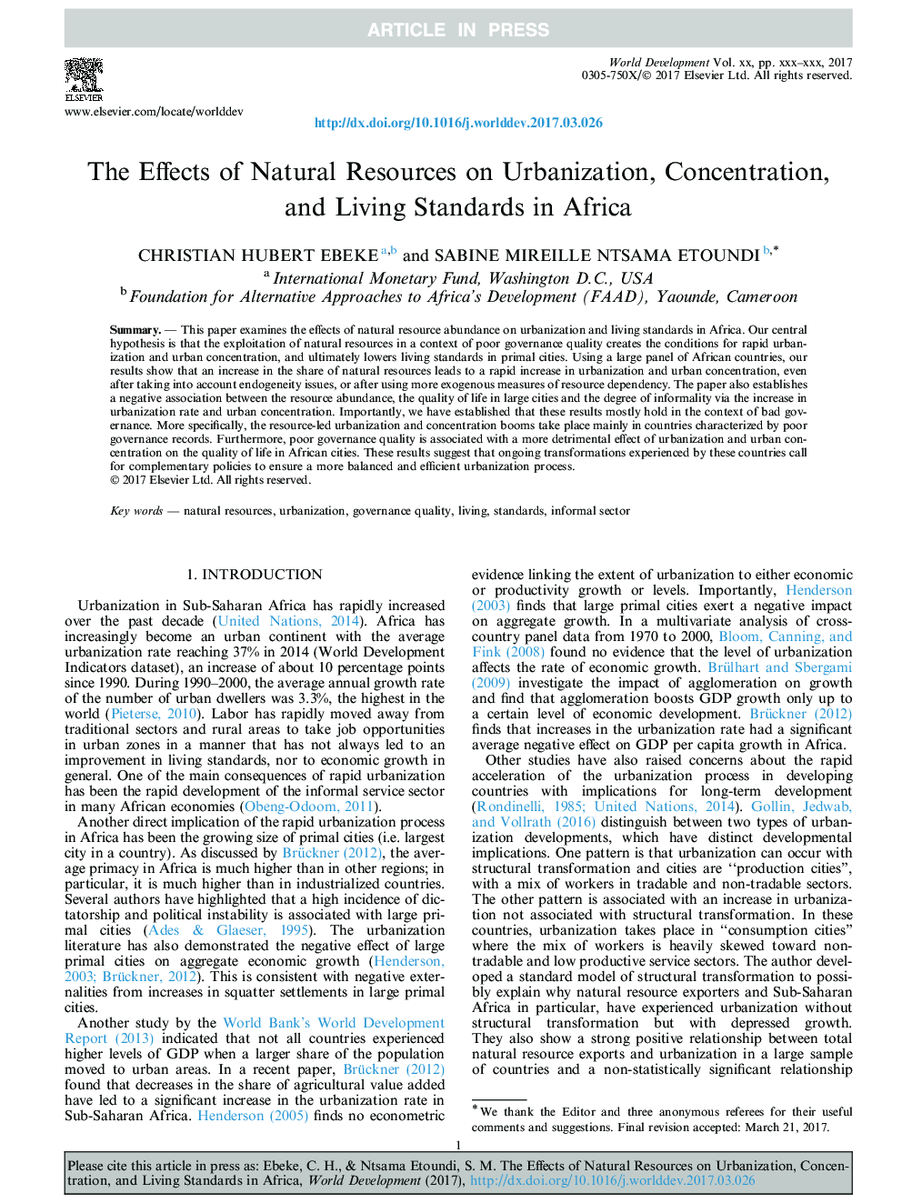 تأثیر منابع طبیعی بر شهرت، تمرکز و استانداردهای زندگی در آفریقا 
