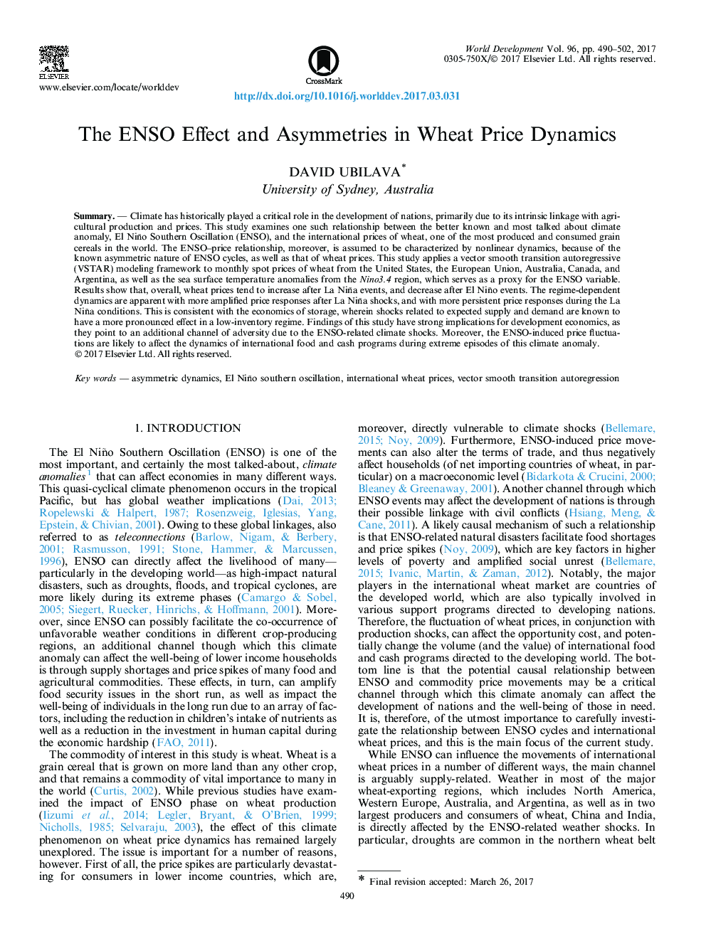 The ENSO Effect and Asymmetries in Wheat Price Dynamics