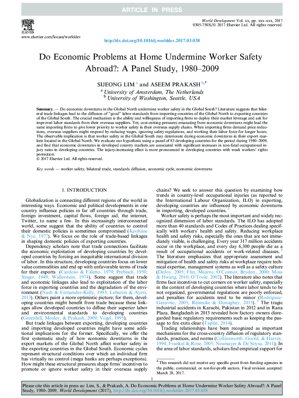 آیا مشکلات اقتصادی در خانه آسیب می بینند ایمنی کارگران در خارج از کشور: یک مطالعه پانل، 1980-2009 