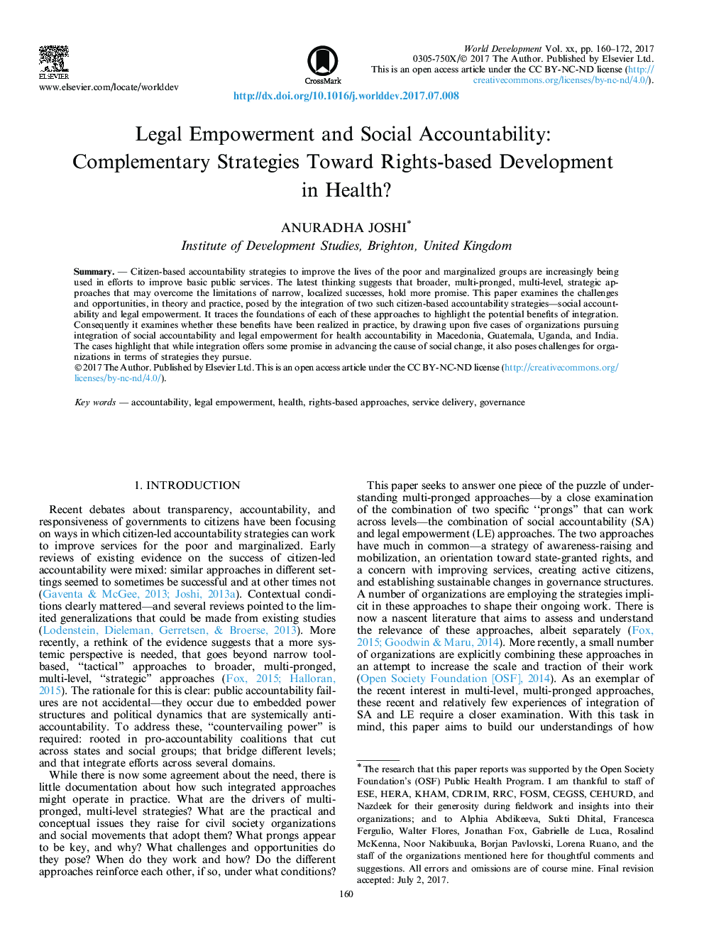 Legal Empowerment and Social Accountability: Complementary Strategies Toward Rights-based Development in Health?