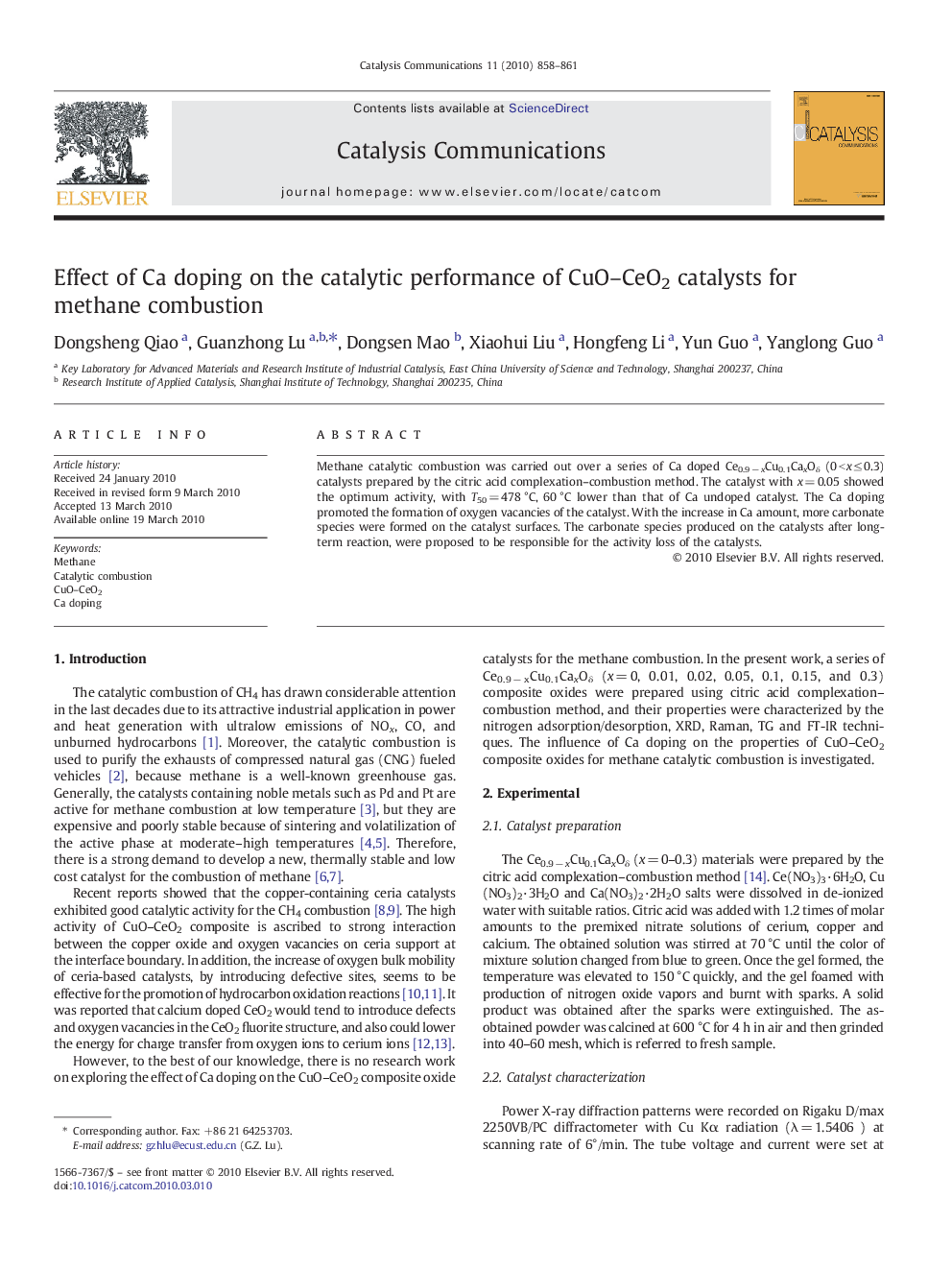 Effect of Ca doping on the catalytic performance of CuO–CeO2 catalysts for methane combustion