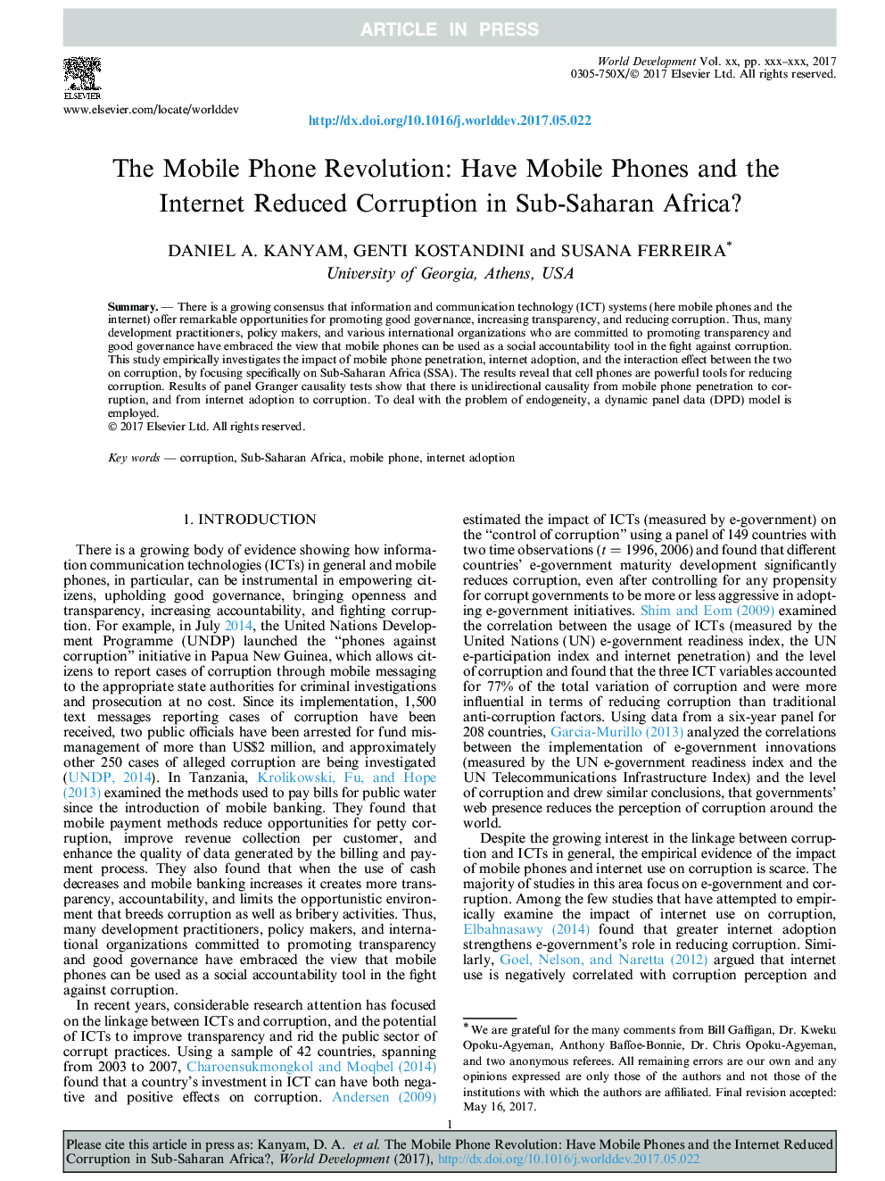 The Mobile Phone Revolution: Have Mobile Phones and the Internet Reduced Corruption in Sub-Saharan Africa?