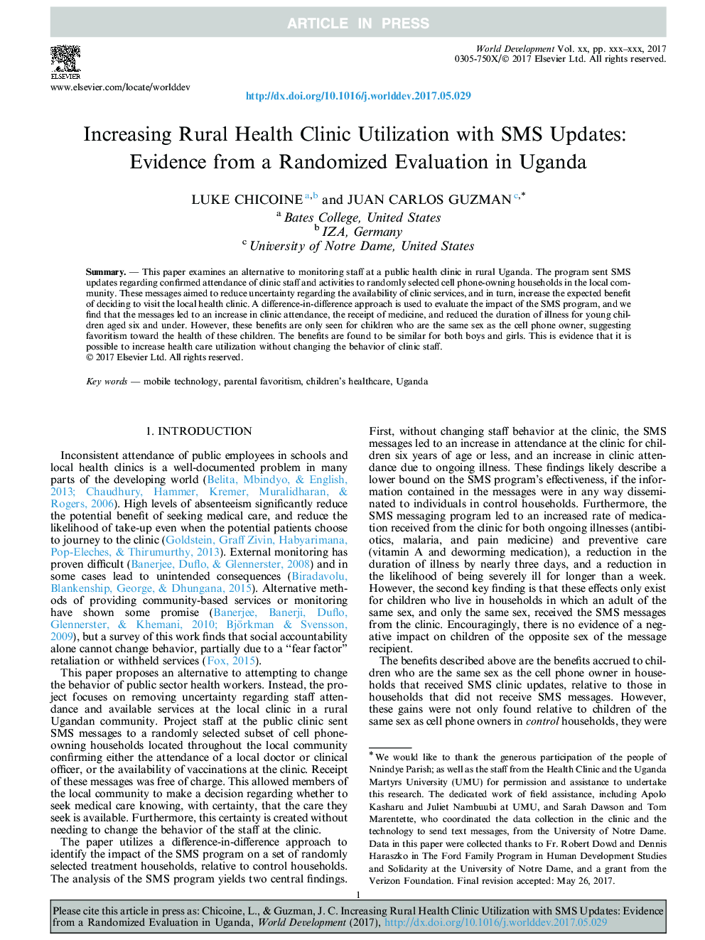 Increasing Rural Health Clinic Utilization with SMS Updates: Evidence from a Randomized Evaluation in Uganda