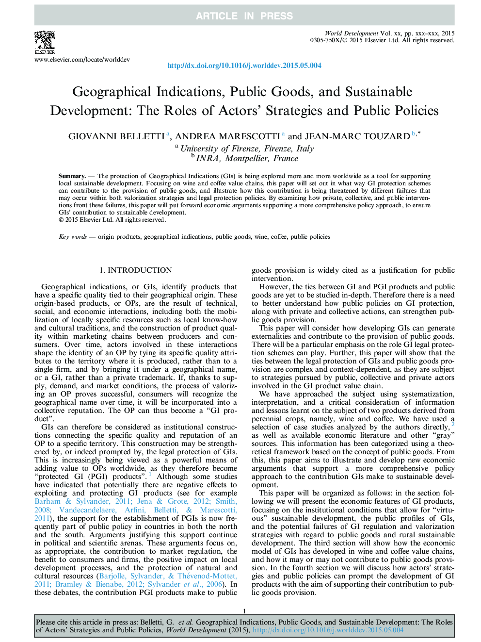 علائم جغرافیایی، محصولات عمومی و توسعه پایدار: نقش استراتژی های بازیگران و سیاست های عمومی 