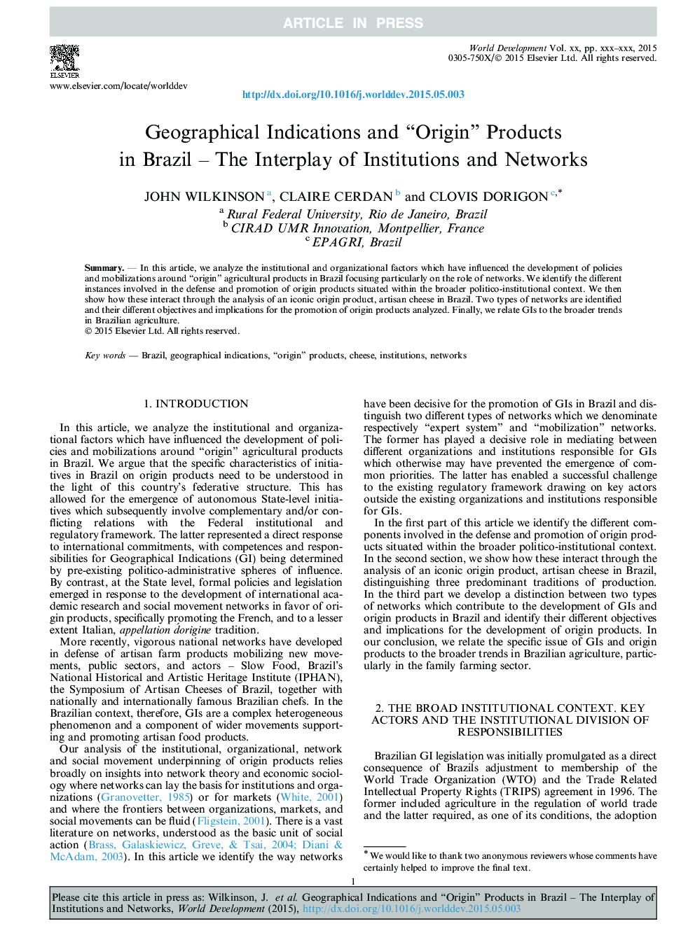 Geographical Indications and “Origin” Products in Brazil - The Interplay of Institutions and Networks