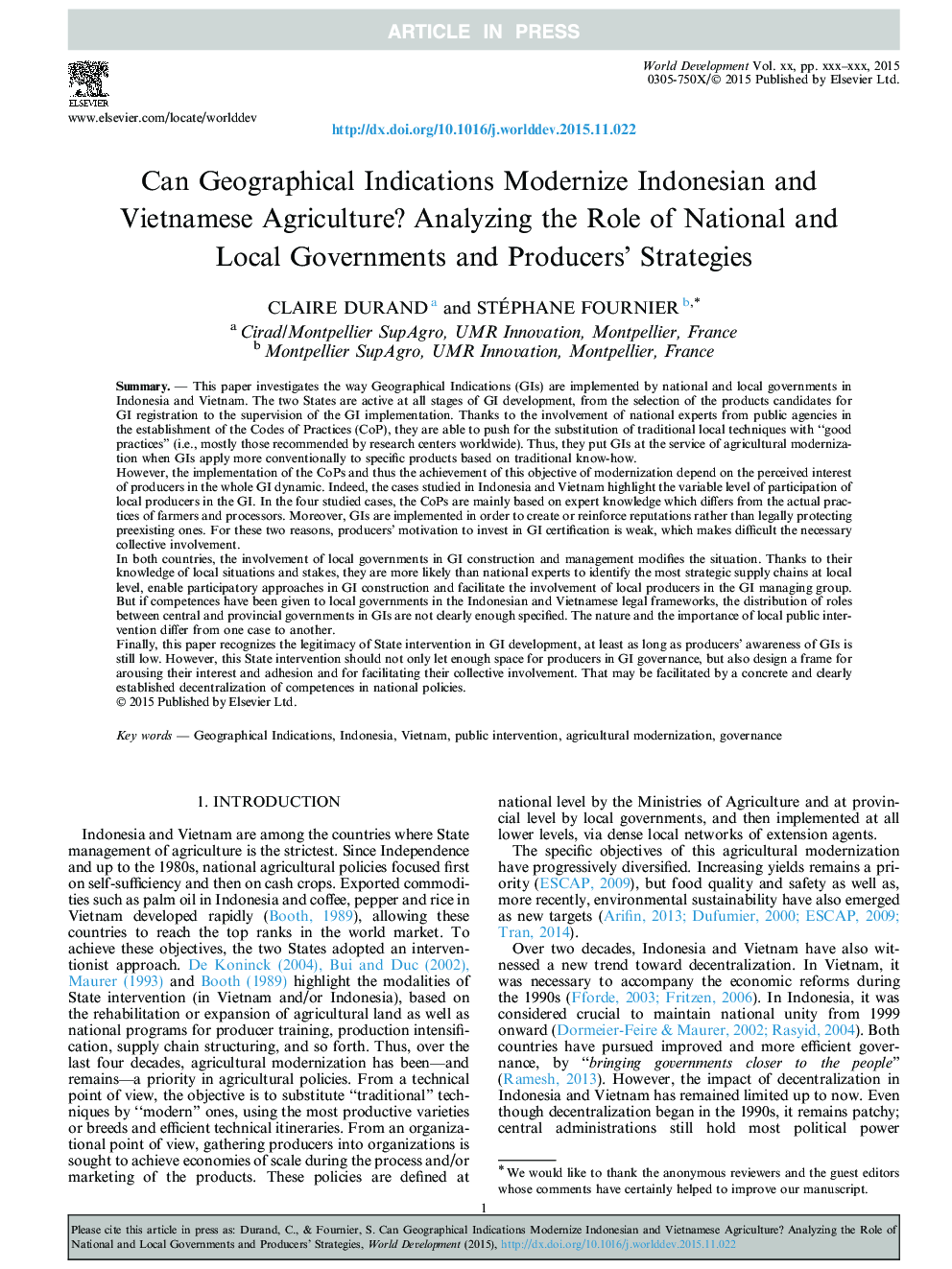 Can Geographical Indications Modernize Indonesian and Vietnamese Agriculture? Analyzing the Role of National and Local Governments and Producers' Strategies