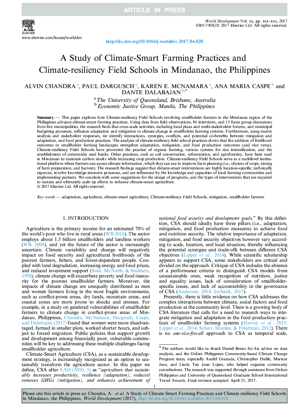 A Study of Climate-Smart Farming Practices and Climate-resiliency Field Schools in Mindanao, the Philippines