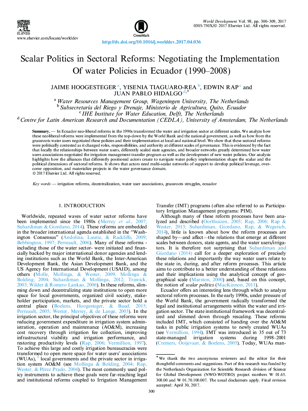 سیاست اسکالر در اصلاحات بخش: مذاکره برای اجرای سیاست های آب در اکوادور (1990-2008) 