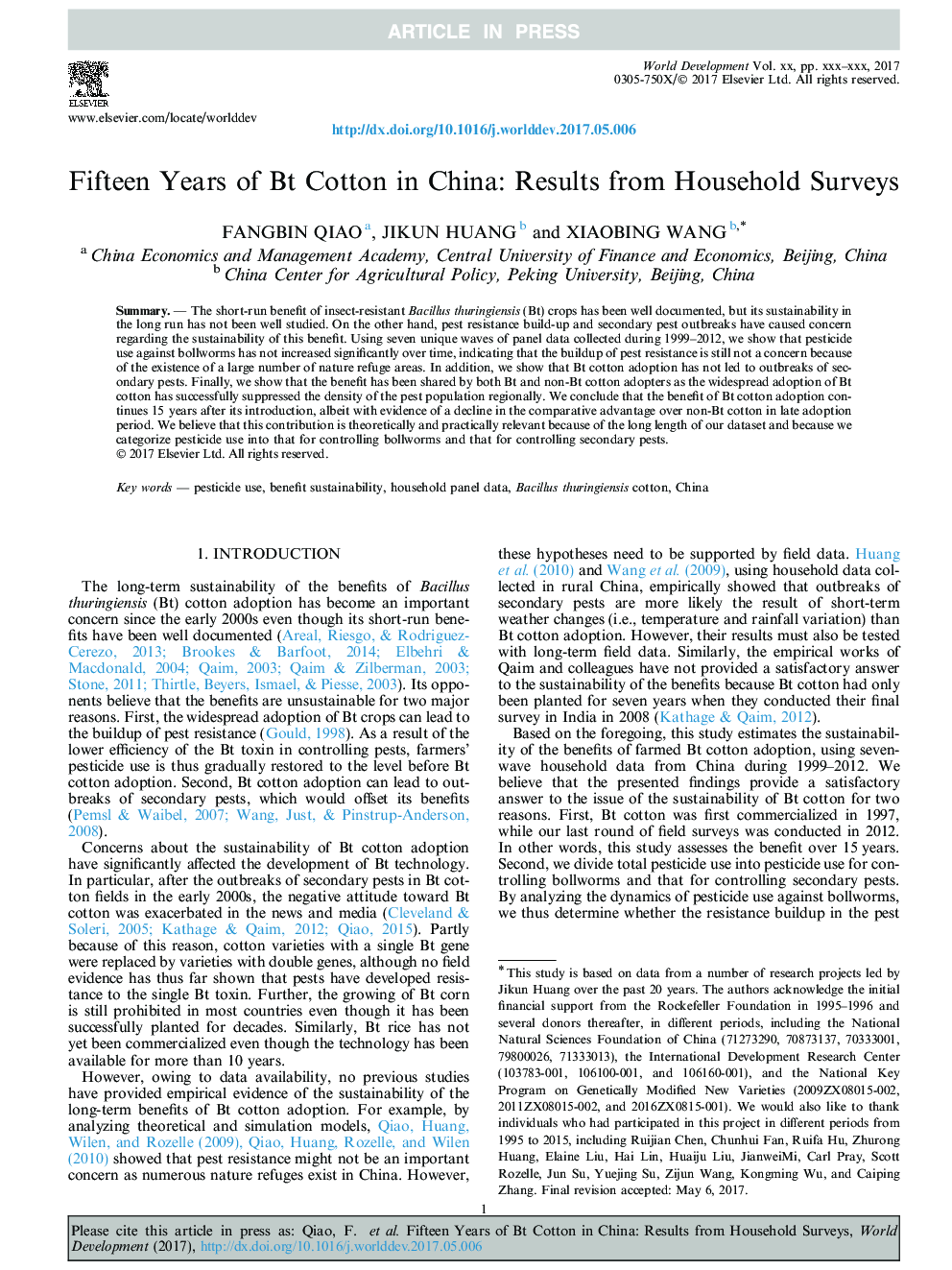 Fifteen Years of Bt Cotton in China: Results from Household Surveys