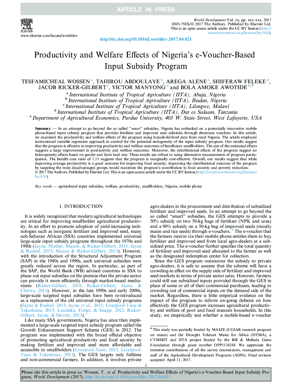 Productivity and Welfare Effects of Nigeria's e-Voucher-Based Input Subsidy Program