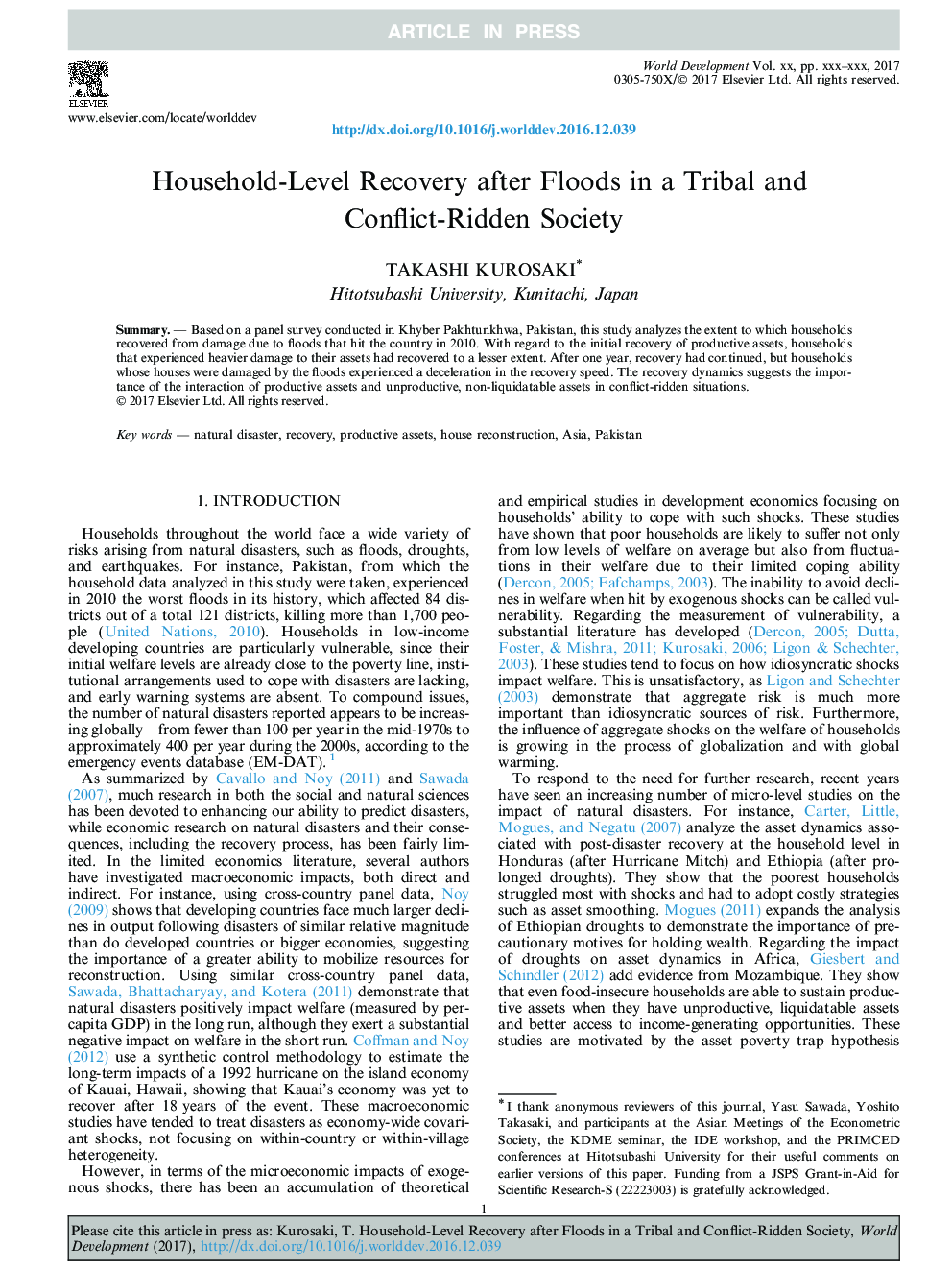 Household-Level Recovery after Floods in a Tribal and Conflict-Ridden Society