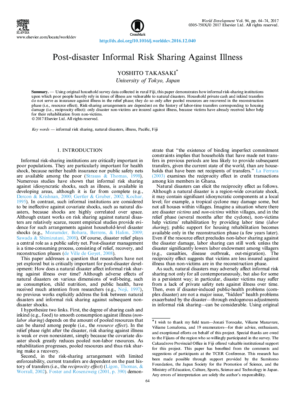 Post-disaster Informal Risk Sharing Against Illness