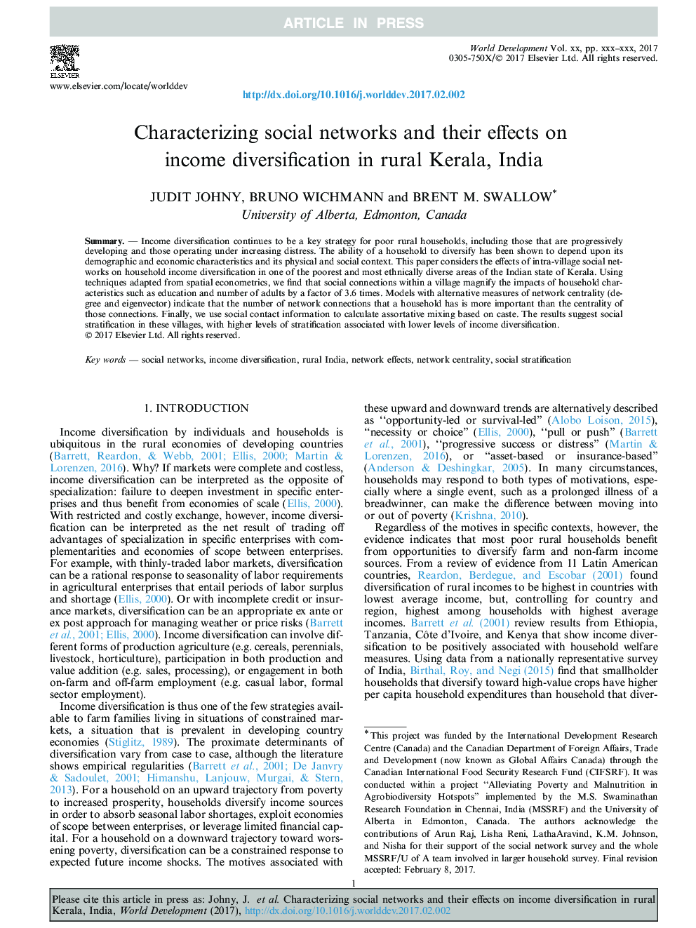 Characterizing social networks and their effects on income diversification in rural Kerala, India