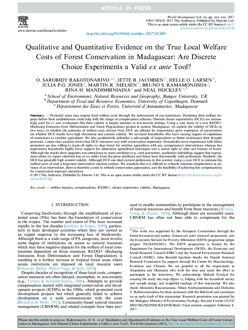 Qualitative and Quantitative Evidence on the True Local Welfare Costs of Forest Conservation in Madagascar: Are Discrete Choice Experiments a Valid ex ante Tool?