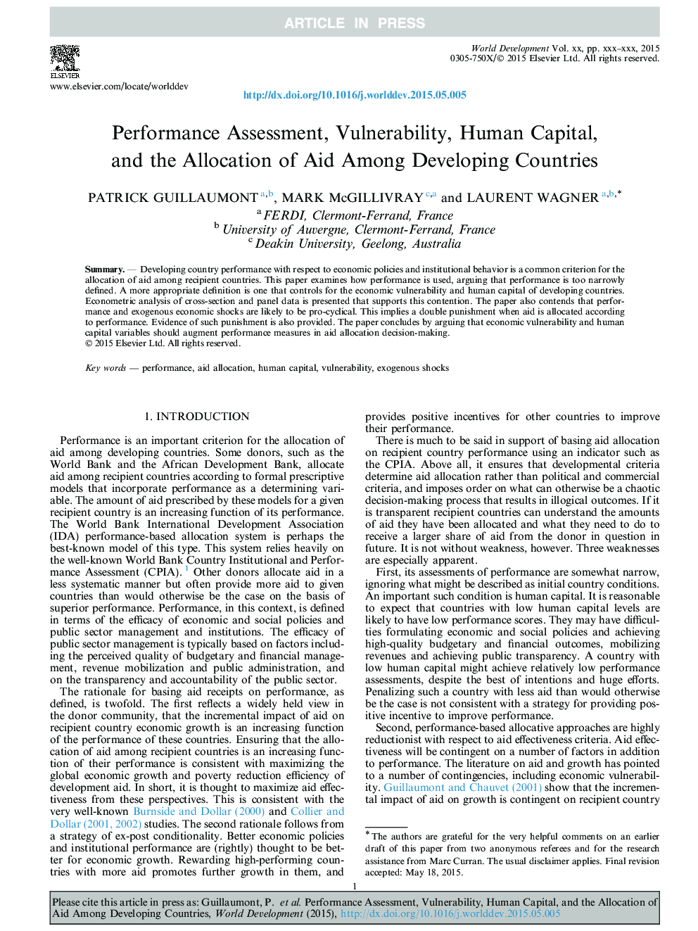 Performance Assessment, Vulnerability, Human Capital, and the Allocation of Aid Among Developing Countries