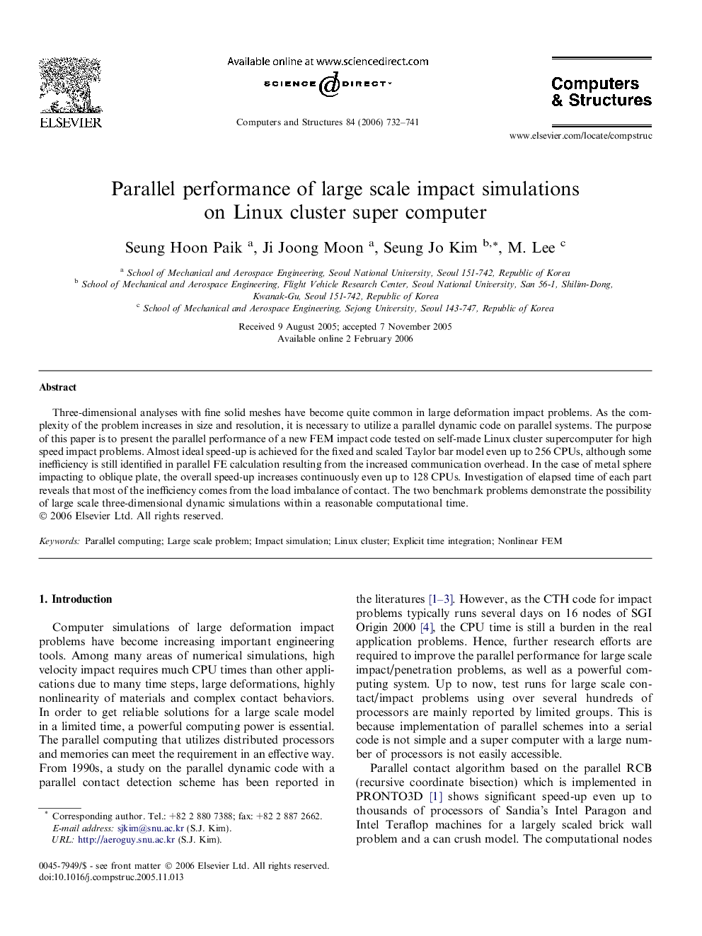 Parallel performance of large scale impact simulations on Linux cluster super computer