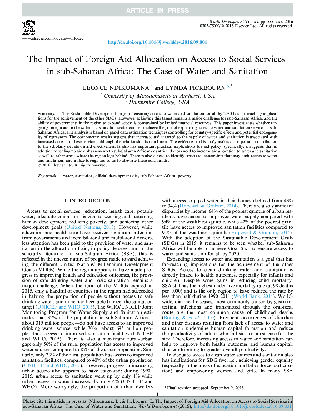 تأثیر تخصیص کمک های خارجی به دسترسی به خدمات اجتماعی در کشورهای جنوب صحرای آفریقا: مورد آب و بهداشت 